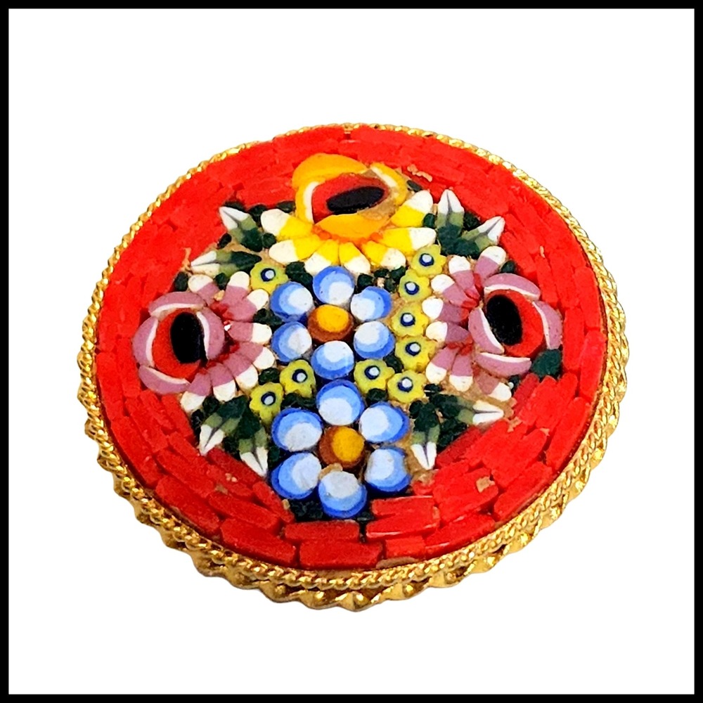 Vintage Italy Micro Mosaic Red 5 Flowers Blue Pink Pietra Dura Brooch Pin Round